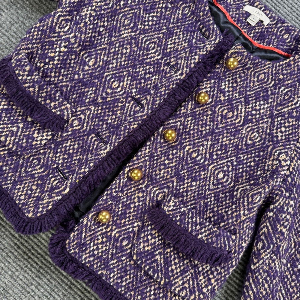 J.Crew Purple‎ Diamond Tweed Jacket Womens 6 Gold Button Fringe Trim Wool Blend - Picture 5 of 13